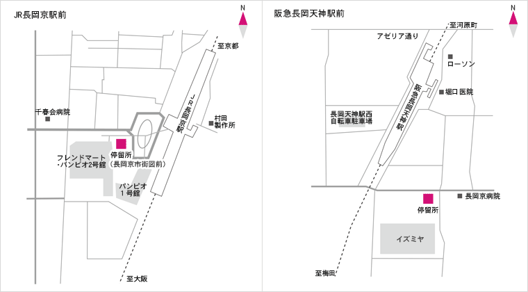シャトルバスJR長岡京駅前、阪急長岡天神駅前バス乗り場の地図