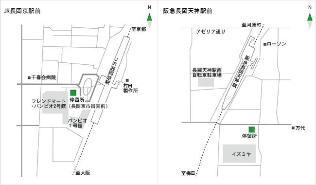 JR長岡京駅前バス乗り場と阪急長岡展示駅前バス乗り場の地図