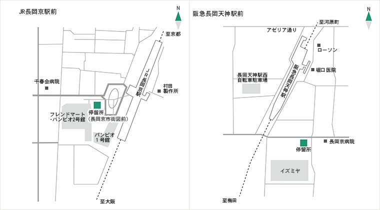 シャトルバスJR長岡京駅前、阪急長岡天神駅前バス乗り場の地図